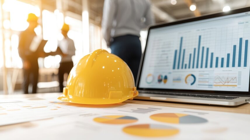 Laptop and hard hat on worksite